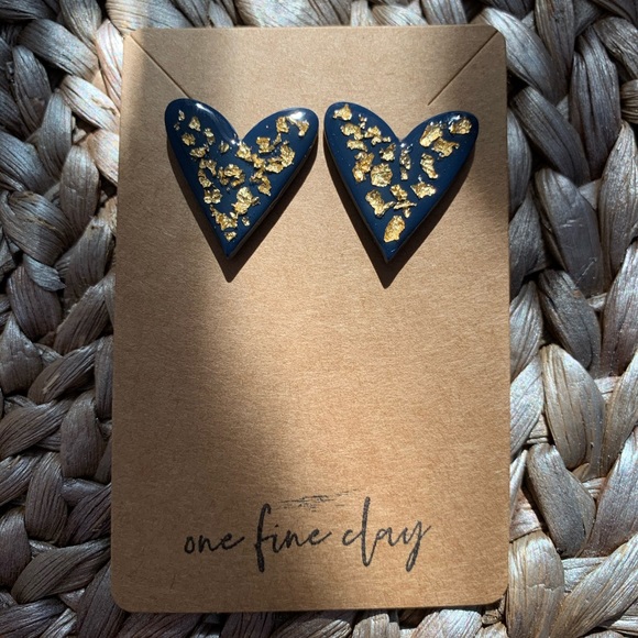 Navy & Gold Clay & Resin Large Heart Earring Studs - Picture 7 of 9